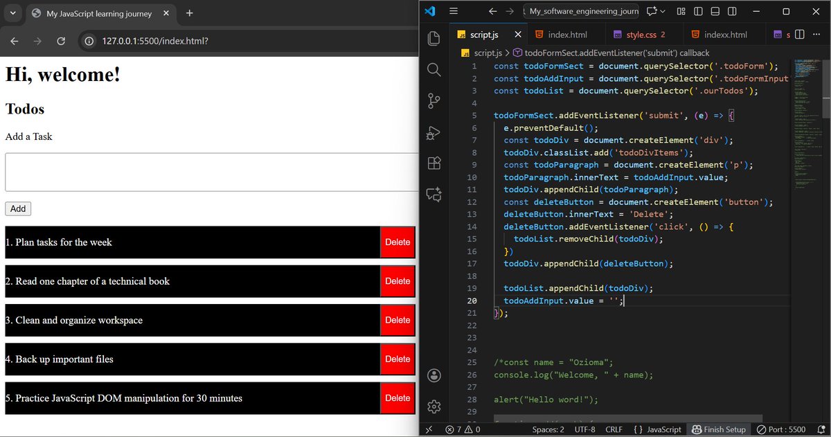 OziomaMarylinda's tweet image. This week I started practicing my skills. #todolist #app from scratch using #HTML  #CSS  and #JavascriptDevelopers  and I&apos;m excited to share my progress so far.
What&apos;s done:
📷 Created a clean input to add tasks
📷 Added validation so empty tasks don&apos;t sneak in
📷 Delete ()