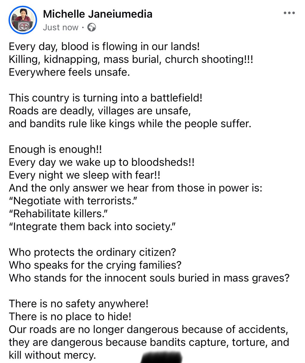 JANEIUMEDIA's tweet photo. Every day, blood is flowing in our lands!
Killing, kidnapping, mass burial, church shooting!!! Everywhere feels unsafe.

This country is turning into a battlefield!
Roads are deadly, villages are unsafe,
and bandits rule like kings while the people suffer.
https://t.co/8xcvRZzPjU https://t.co/PUgLGUjDzD
