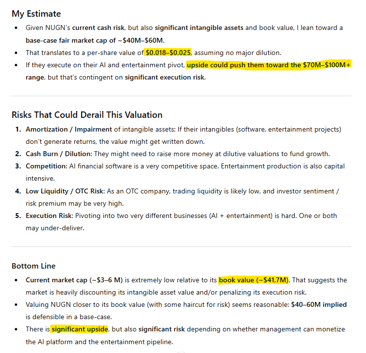 OwnTheFloat's tweet image. I asked ChatGPT what $NUGN should be worth based on it's Financials:

(Keep in mind, the man who dropped $5.3M to own 72% has big plans once this thing starts trading as $LIVG. These figures are based off RIGHT NOW, not what he will be announcing.)

#StocksToWatch #OTCstocks…