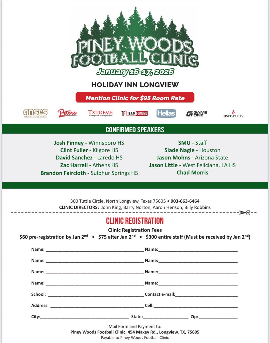 January 16-17, 10th annual <a href="/ClinicPiney/">Piney Woods Football Clinic</a> Mention the clinic for $95 room rate while rooms are available. Thanks to our title sponsors <a href="/ANSRSFB/">ANSRSFB</a> <a href="/PetersChevrolet/">Peters Chevrolet</a> <a href="/BSNSPORTS/">BSN SPORTS</a> <a href="/GameOne_USA/">Game One</a> @hellas <a href="/TxtremeLLC/">Txtreme LLC</a> <a href="/Team_Funded/">TeamFunded</a>
