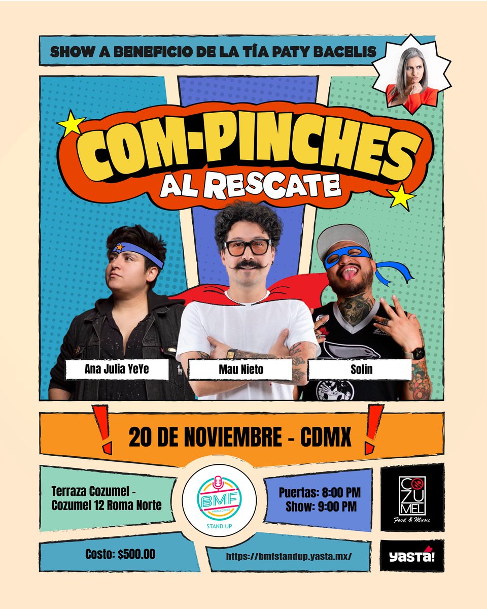 CDMX, mañana 20 de noviembre estos increíbles comediantes darán un show a beneficio de mi persona en apoyo a mis tratamientos de la enfermedad que estoy padeciendo y de la cual comparto detalles en mi perfil de Instagram y fb.
Con su boleto tendrán un show increíble y de paso me