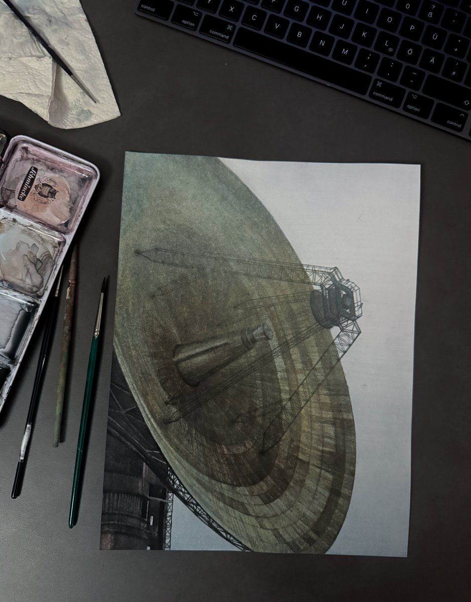 DendaReloaded's tweet photo. watercolor painting of the RT-64 radio telescope. https://t.co/M6RFiztDw8