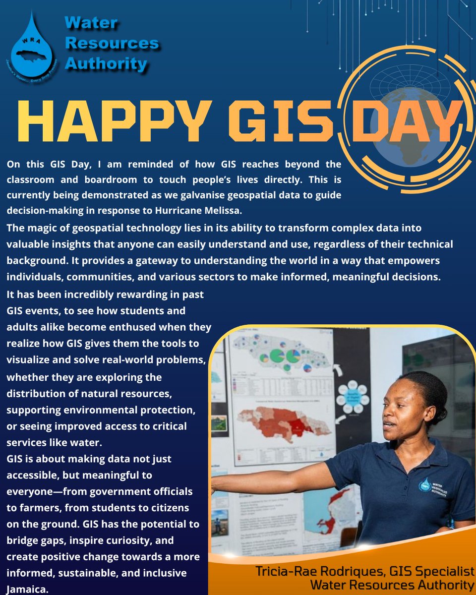 Advancing geospatial innovation at the Water Resources Authority — Tricia-Rae Rodriques, GIS Specialist, leading with technical excellence and precision.

#GISDAY2025 #Jamaica #WaterResourcesAuthority