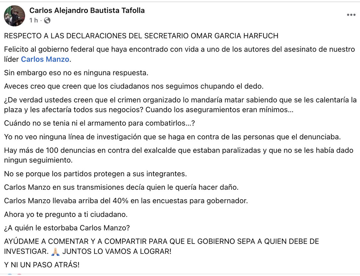 La respuesta de Carlos Bautista Tafolla, diputado del Movimiento del Sombrero en Michoacán, tras el anuncio de la detención de Jorge Armando 'N', uno de los autores intelectuales del asesinato de Carlos Manzo 👇🏼