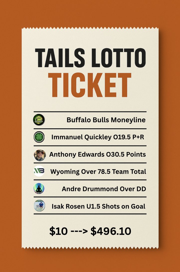 🎟️Tails Community Lotto Ticket🎟️

Yesterday, sooo close: ✅✅✅✅✅❌

Today we asked our experts at the Top of the Weekly Leaderboard for 1 pick each.

🤑 $10 --- $496.10
🔗One Click Link in Bio to Tail the best odds

<a href="/BigSmokeyPicks/">Big Smokey</a> CFB: B. Bulls Moneyline
<a href="/JustLuckyPicks/">Just Lucky🍀</a>: