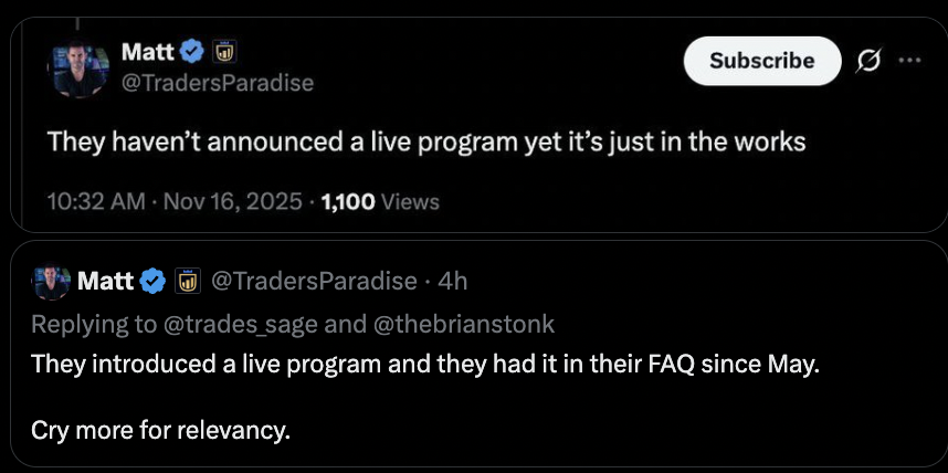 trades_sage's tweet image. THREAD: The Matt Cowart Problem - Why Traders AND Firms Need to Be Careful

There’s been a lot of hype, confusion, and convenient storytelling from Matt (@TradersParadise).

So here’s a clean breakdown of the documented behavior, the contradictions, and why traders should be…