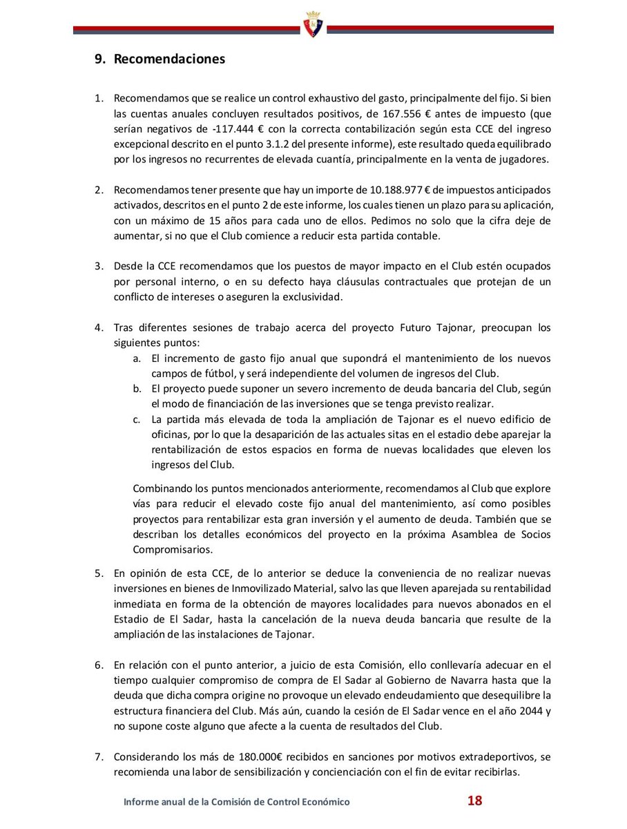 🔴🔵📝 Informe anual de la Comisión de Control Económico de #Osasuna y sus recomendaciones al club 
- Control exhaustivo del gasto equilibrio ventas
- Futuro Tajonar incremento deuda y coste mantenimiento 
- No recompra El Sadar 
- Puestos mayor impacto club con personal interno