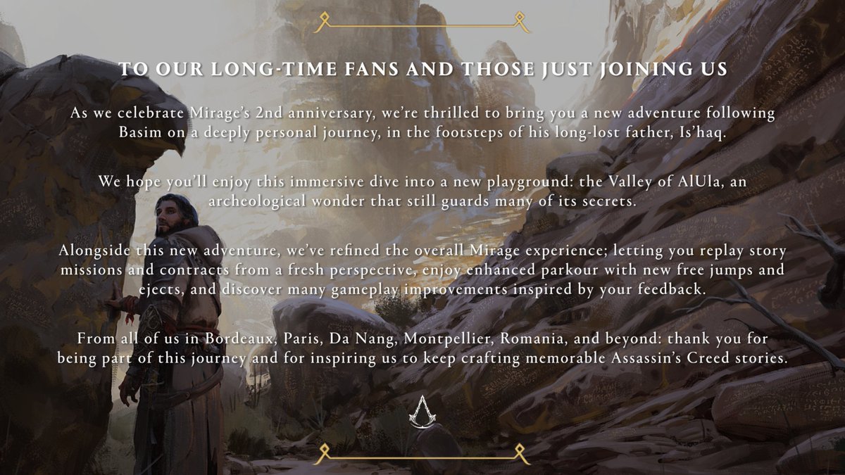 assassinscreed's tweet image. Happy #ValleyofMemory launch week, Assassins! 🥳

From all of us at Assassin’s Creed, thank you for your continued support.

We hope you enjoy Basim&apos;s new adventure. #ACMirage