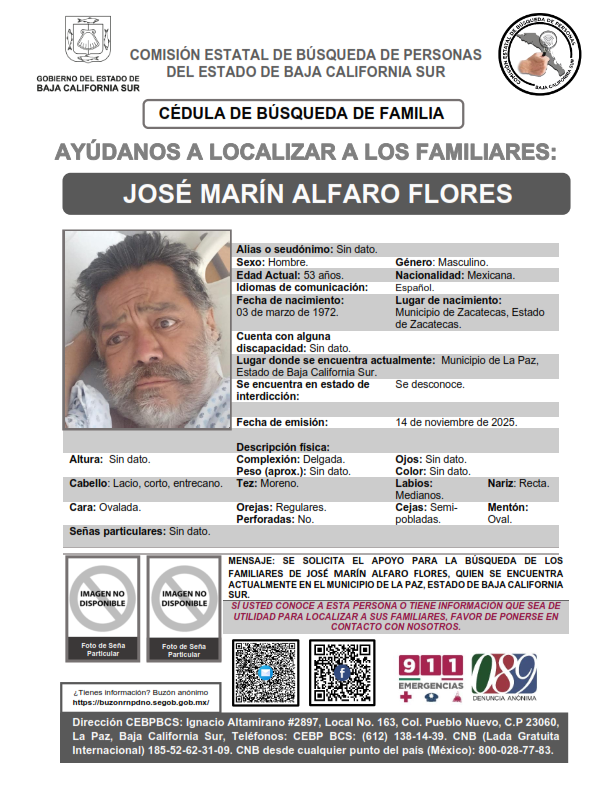 cbecoahuila's tweet image. #ServicioSocial | Se solicita la colaboración de la ciudadanía para localizar a los familiares de José Marín Alfaro Flores.

Cualquier información comunícate vía #inbox o a los teléfonos que aparecen en la ficha.

¡Tú Colaboración es muy importante!
#Comparte #CBECZ