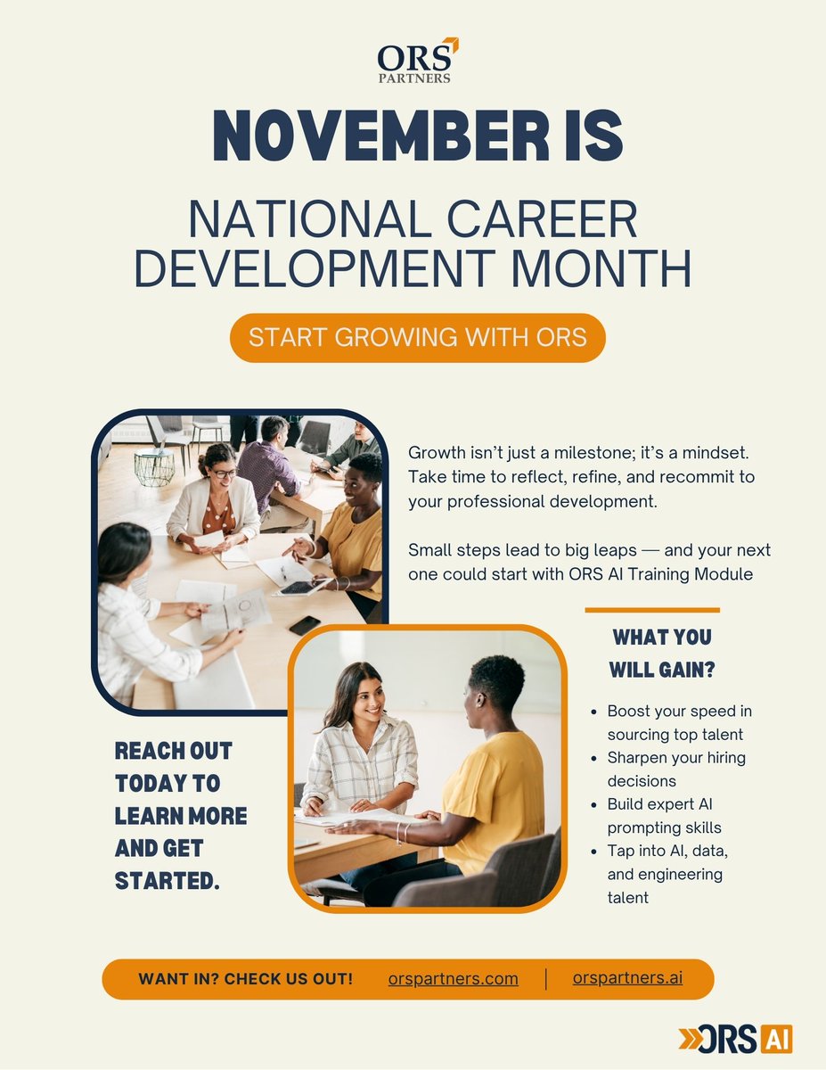 November is National Career Development Month — and growth starts with the right mindset.
Whether you’re leveling up your skills or building AI fluency, small steps lead to big leaps.
Explore how ORS Partners can help you grow with strategic AI training.
👇orspartners.ai