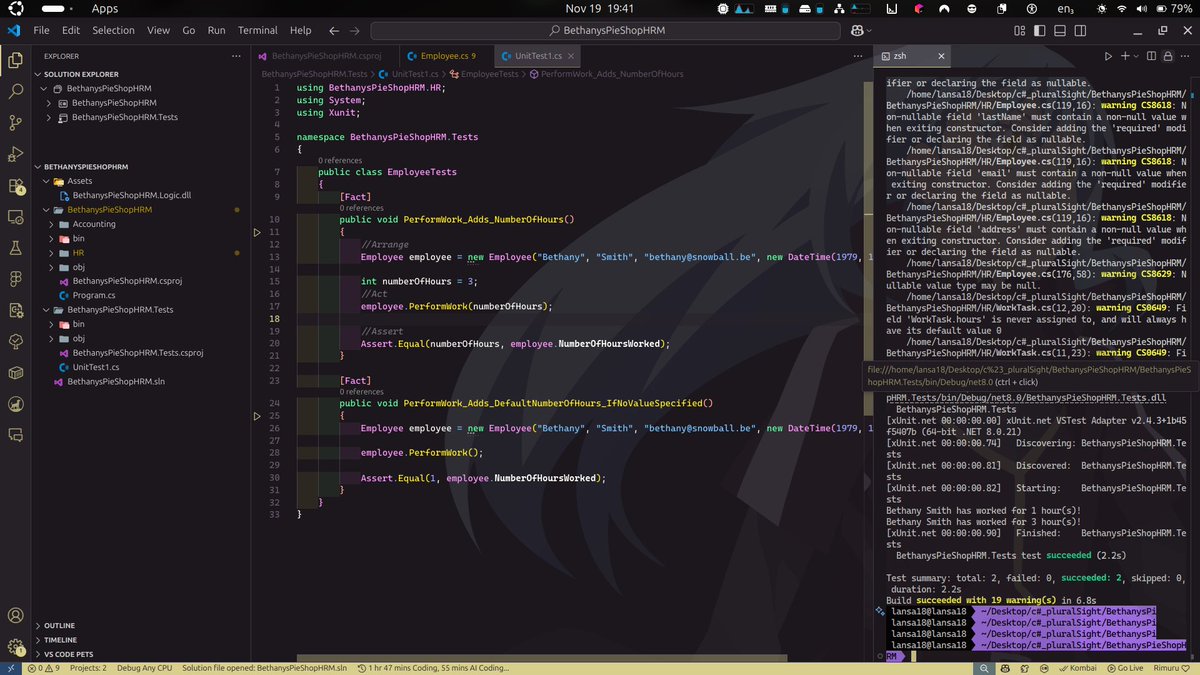 Lansa_18's tweet image. Solved two new challenges on @exercism_io today!
One focused on class-related problems, and the other on working with the DateTime object.
Also got hands-on with writing unit tests using xUnit, following the Arrange / Act / Assert pattern.
Steady progress. 🚀
#csharpprogramming