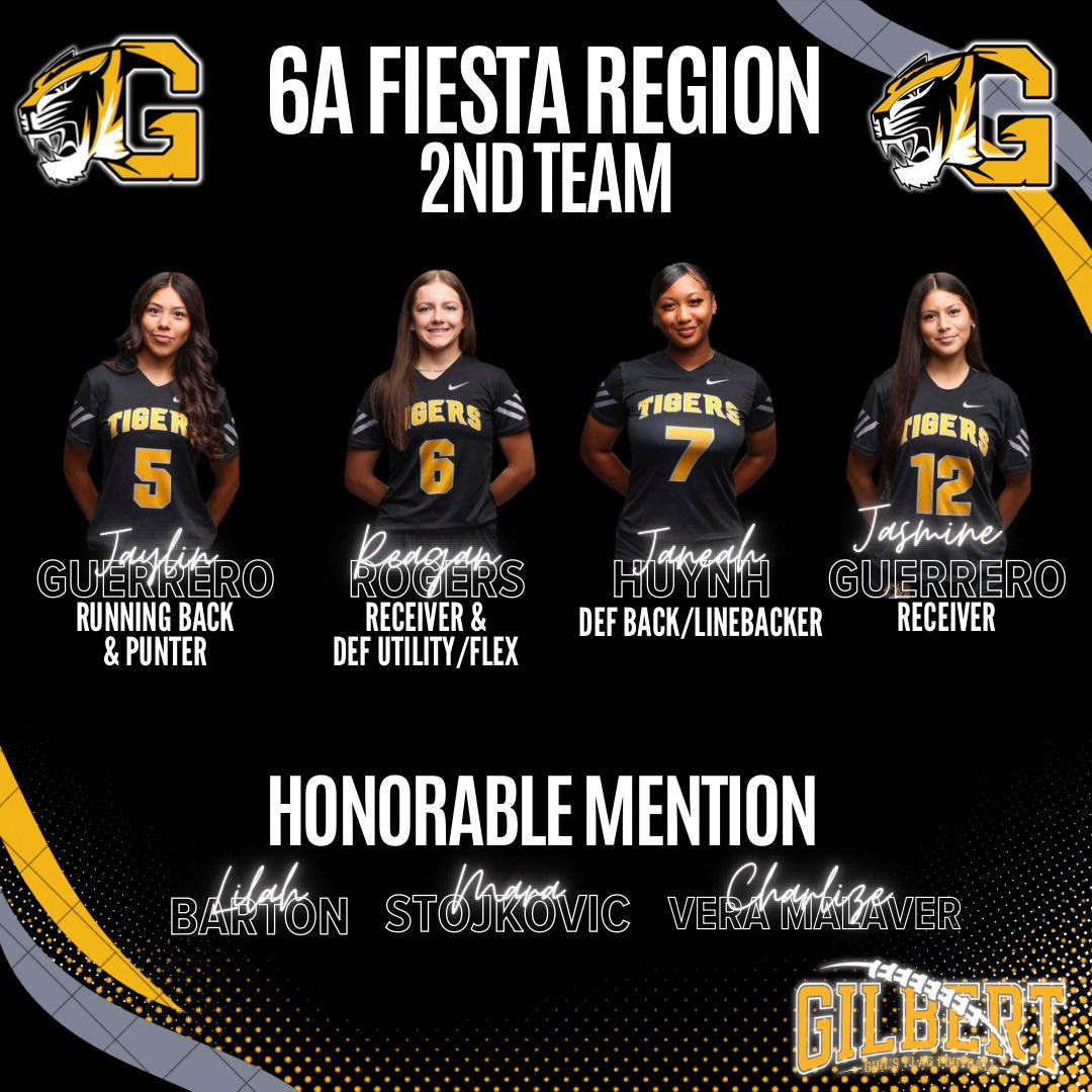 Here is the 6a Fieara 2nd team and honorable mention who all had great season 

Jaylin             Lila 
Reagan         Mara 
Janeah          Charlize 
Jasmine

Great job ladies 1st

<a href="/Gilbert_Tigers/">Gilbert High School Athletics</a> <a href="/OTS_apparel/">Coach G</a> <a href="/asu_brian/">Coach winstead</a> #tigers #region