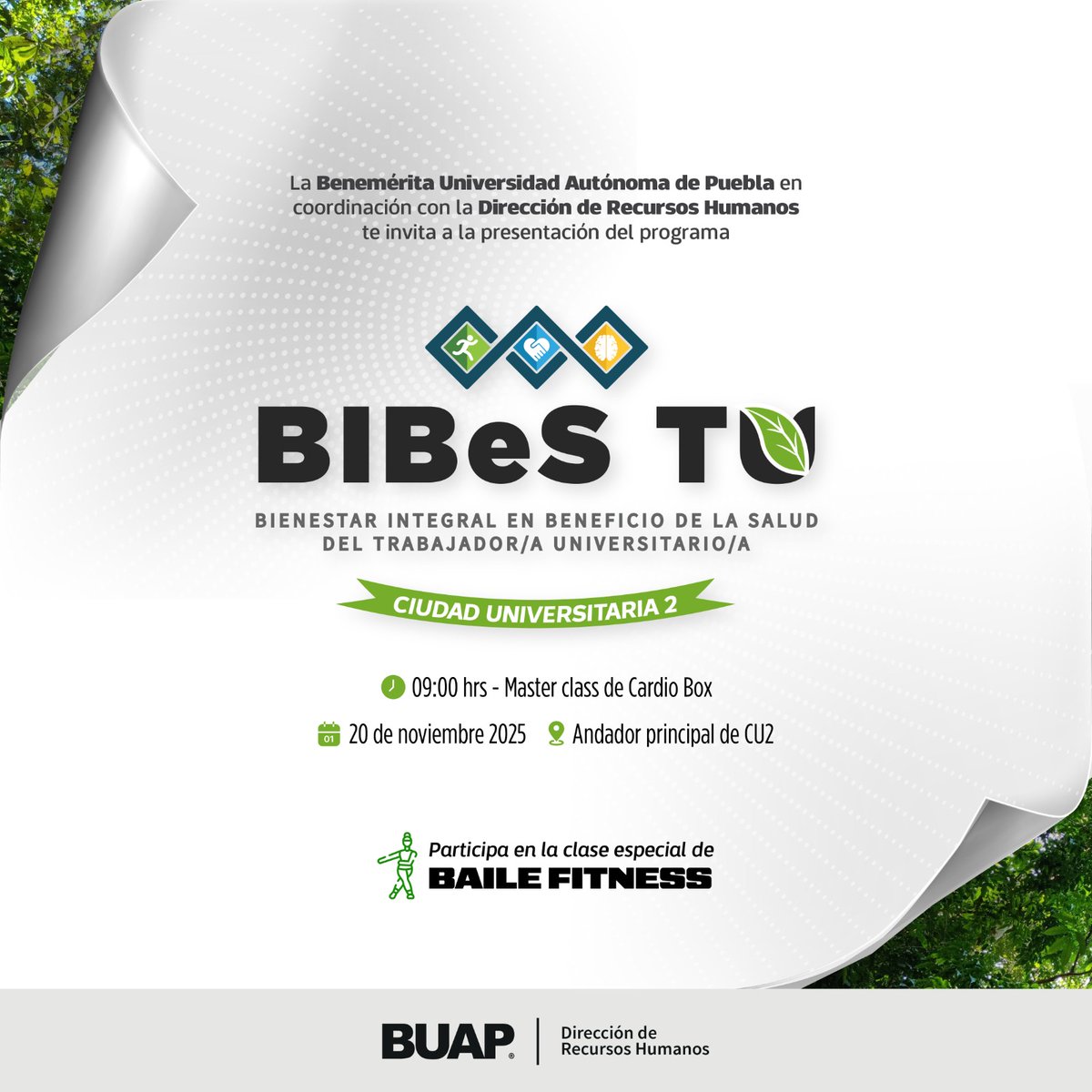 DRHBUAP's tweet image. ¡Acompáñanos al evento de inauguración del BIBeS TU en  CU2!

Comunidad BUAP los invitamos a celebrar la apertura de este nuevo espacio.

📅 20 de noviembre de 2025
📍 Andador principal de CU2
⏰ 9:00 a.m. Master Class Cardio Box

¡Sé parte de este momento especial! 🍃