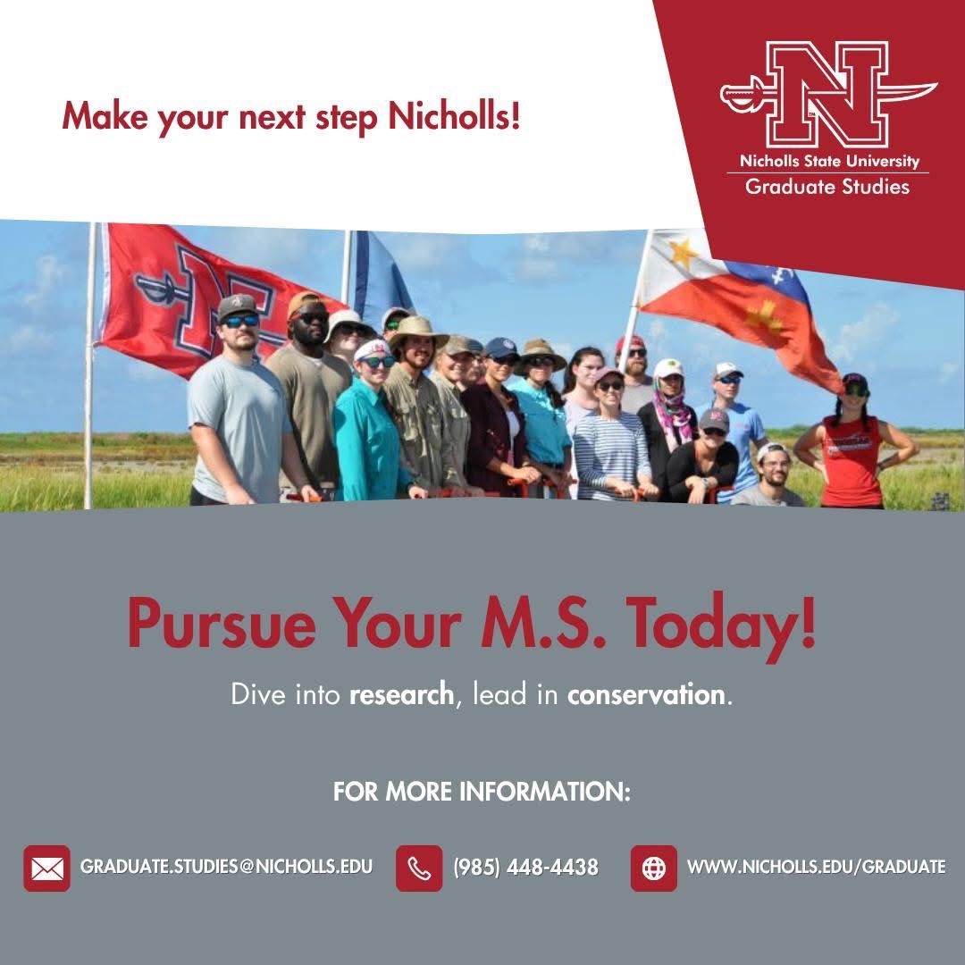 Pursue your M.S. in Marine &amp; Environmental Biology at <a href="/NichollsState/">Nicholls State University</a> and become a leader in environmental conservation and research!

📚 Learn more: nicholls.edu/biology/master…

#NichollsUGS #ClosestToTheCoast