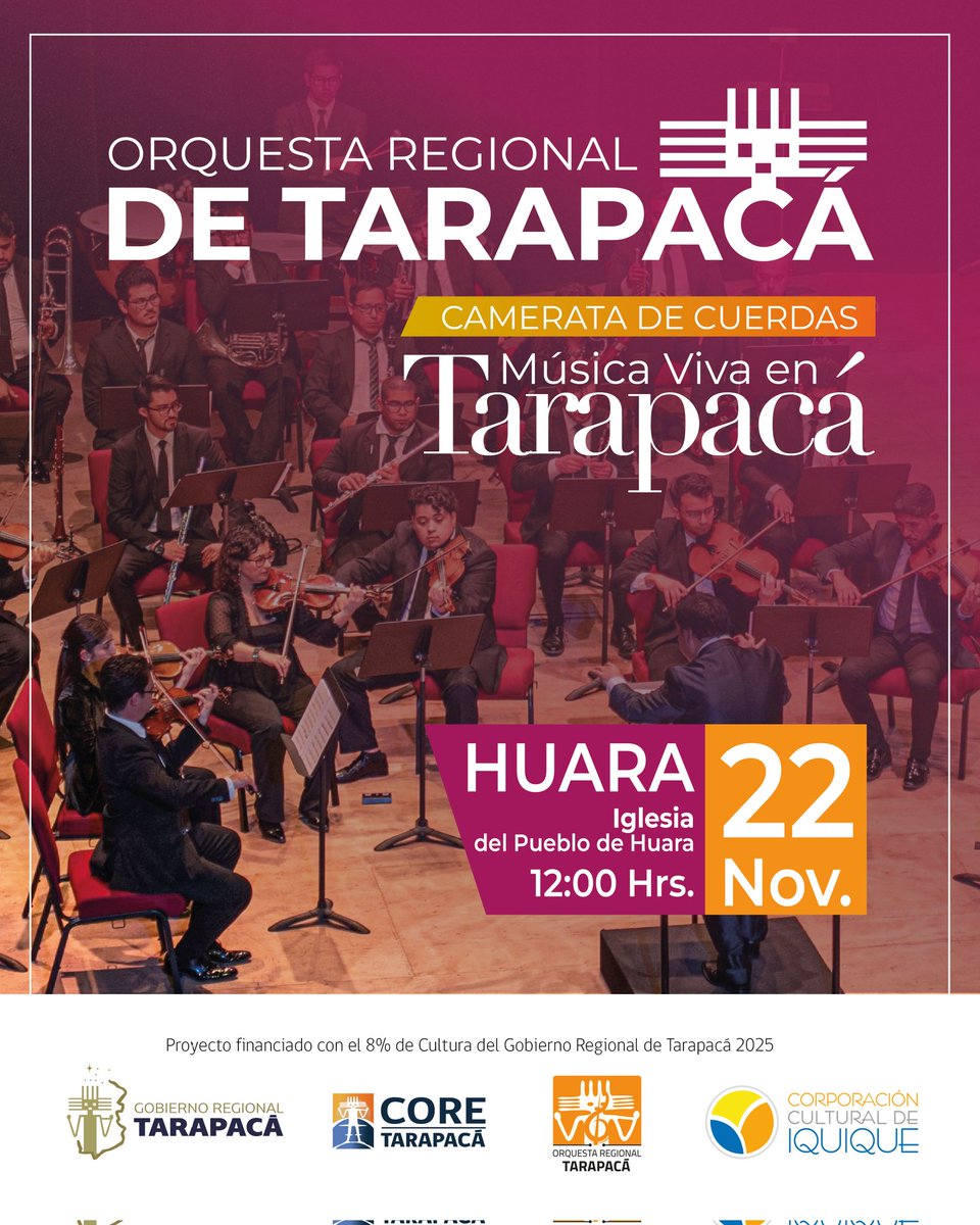MUSICA VIVA EN TARAPACÁ 🎼
<a href="/ORTarapaca/">Orquesta Regional de Tarapacá</a>

Viernes 20.00 h
Parroquia San Alberto Hurtado IQUIQUE

Sábado 12.00 h
Parroquia HUARA

Financia FNDR 2025 <a href="/Gore_Tarapaca/">Gobierno Regional Tarapacá</a>
<a href="/CoredeTarapaca/">CORE Tarapaca</a> 

<a href="/elsoldeiquique/">elsoldeiquique</a> <a href="/ElLongino/">Diario El Longino</a> <a href="/Tarapaca_Insitu/">Revista Tarapacá Insitu</a> <a href="/HombredeNoticia/">Rodrigo Varas López (cuenta profesional)</a> <a href="/PROESCENICA/">PROESCÉNICA</a> <a href="/Artenorte/">Arte Norte</a> <a href="/iglesiaiquique/">IglesiadeIquique</a>