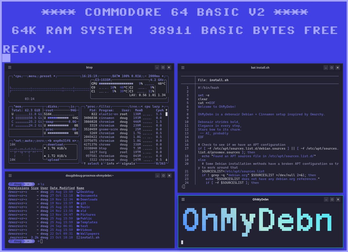 dougburks's tweet image. Do you remember the good ole days of Commodore?

Today's desktop theme o' the day is based on the famous Commodore 64 ready screen because nostalgia is a heckuva drug!

#Linux #Debian #Cinnamon #Desktop #OhMyDebn #Nostalgia