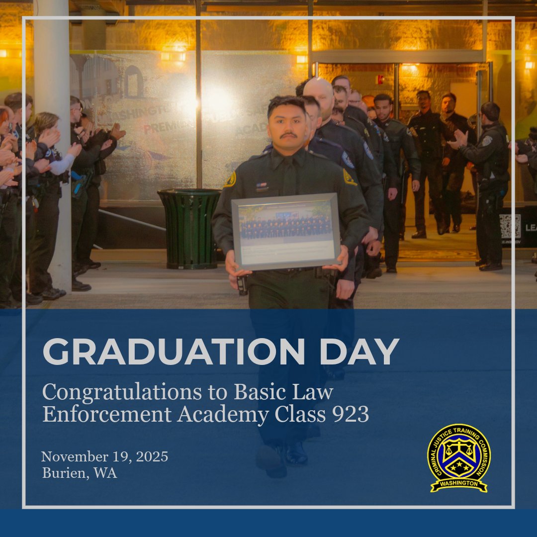 WSCJTC's tweet image. 🎓 Congrats BLEA Class 923!
From day one to graduation—your hard work shows.
Washington’s 720-hour BLEA builds de-escalation, decision-making, and community-focused policing. WSCJTC is proudly IADLEST-Accredited.
#BLEA923 #WSCJTC #IADLEST #WAState