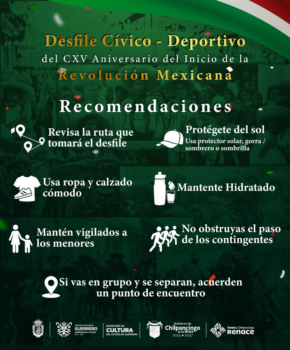 "Desfile Cívico - Deportivo" en conmemoración del CXV Aniversario del Inicio de la Revolución Mexicana.

Este jueves 20 de noviembre de 2025 en punto de las 9:00 horas, en la Alameda "Granados Maldonado”, de Chilpancingo. 

#TransformandoLaCultura