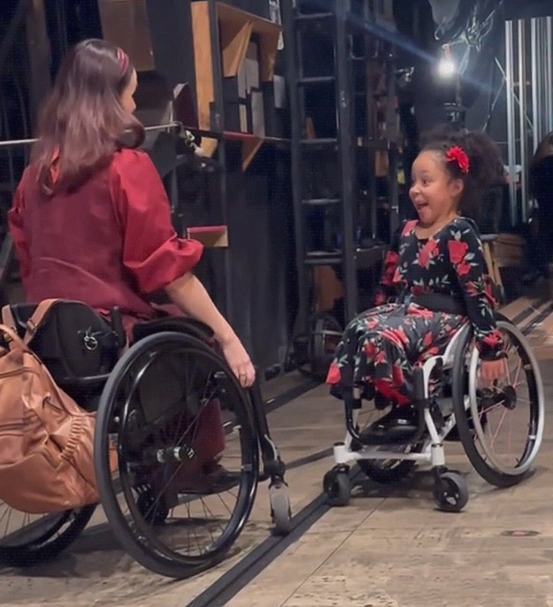 Cecily Collette Taylor meeting Broadway’s Nessarose, Jenna Bainbridge. 

Jenna is the first wheelchair user in history the production to play the role.