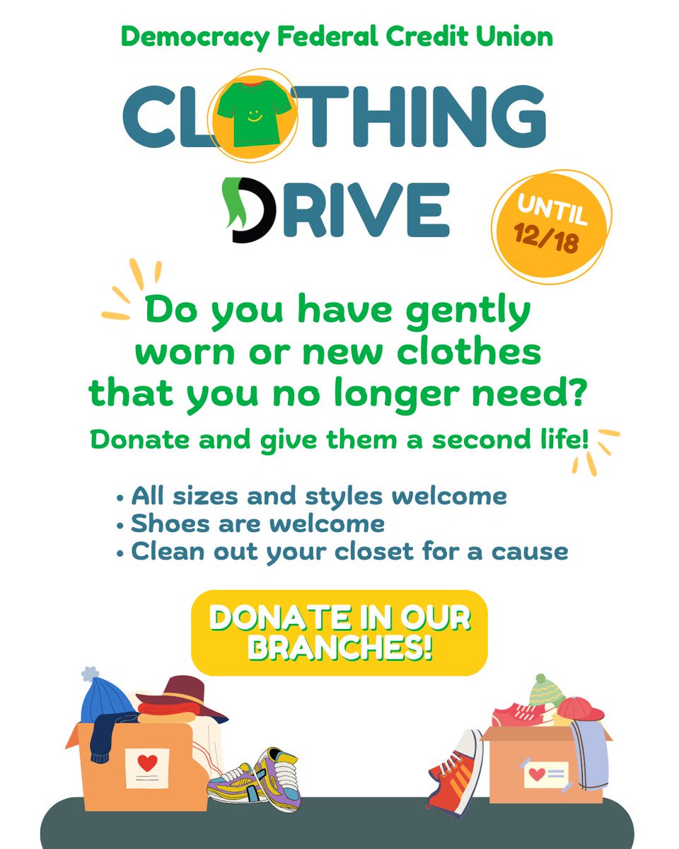 DemocracyFCU's tweet photo. Join Our Clothing Drive!
We’re collecting new or gently used shoes and clothing to support those in need.
📅 Now through December 18, 2025
🏦 Each branch serves as a donation center! drop off your items during business hours.
Let’s come together and help our community! 💙 https://t.co/e7ImLjvqdw