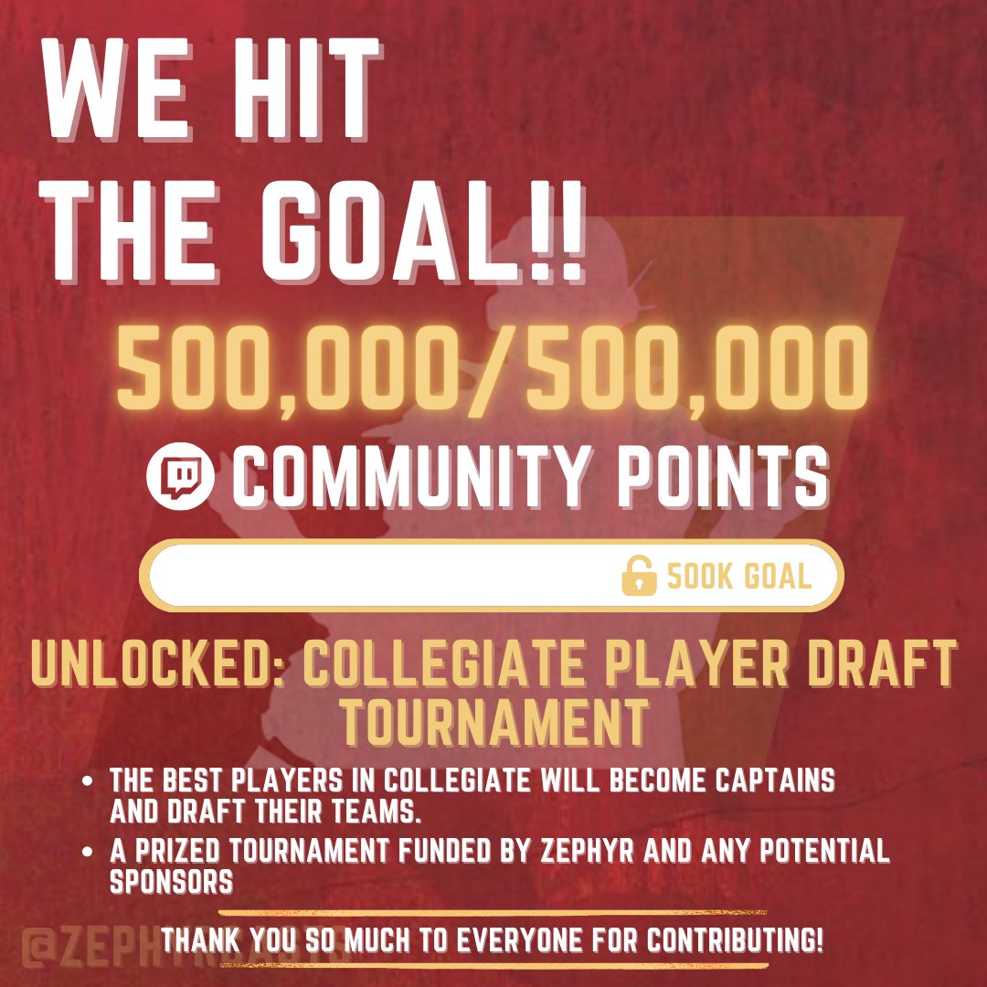 🎊🎊🎊WE HIT THE GOAL 🎊🎊🎊

IN ONE MONTH Y'ALL CONTRIBUTED 500,000 POINTS ON TWITCH TO MAKE IT HAPPEN!!!!!

The Collegiate Player Draft Tournament is a GOOOOOOOOO.

I've already secured some funding, but I'm lookin for ANY additional sponsors (Cash or product)!

LFGGGGGG!!!!!