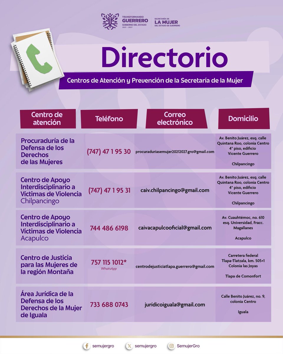 📷📷 #LaSemujerMásCercaDeTi | Consulta el directorio de nuestros Centros de Atención y Prevención de Violencia contra las Mujeres, los cuales brindan servicios gratuitos de orientación personalizada, canalización, asesoría legal y psicológica.