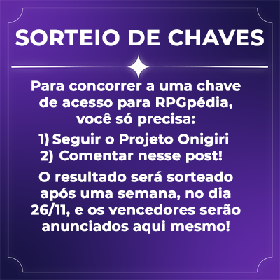 Olá! Passando para avisar que estaremos sorteando  chaves de acesso ao beta da <a href="/RPGpediabr/">RPGpédia</a>, então venha participar!  

 Serão sorteadas 3 chaves, e para participar é só estar nos seguindo e deixar um comentário nesse post. Boa sorte!