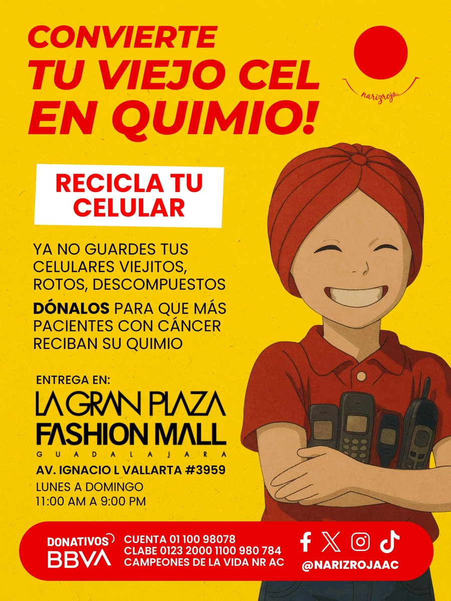 NARIZROJAAC's tweet image. Tienes teléfonos celulares viejitos, rotos, inservibles? 
Dónalos con nosotros se pueden convertir en QUIMIO 

En Guadalajara busca el contenedor más cercano 👇 si estás fuera de Guadalajara los puedes mandar por paquetería

Atención a : Alejandro Barbosa Padilla 
Tel 3333310241…