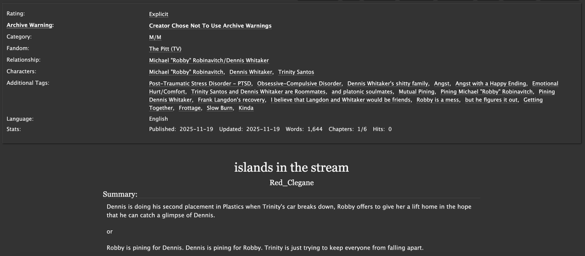 Red_Clegane's tweet photo. Red writes a chaptered fic... again

After Dennis is finished his placement in the ED, he starts in plastics. Robby offers Trinity a lift home in hopes he'll catch a glimpse of Dennis. Shenanigans ensue.

Chapter one up now <3 https://t.co/EcvgrlXBvt