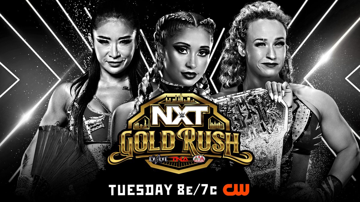 WWENXT's tweet image. NEXT WEEK at Week Two of #NXTGoldRush

⏰ @ZariaWWE_ and @FallonHenleyWWE battle it out in a WWE Women&apos;s Speed Championship Match

👊 @kelani_wwe defends the @ThisIsTNA Knockouts Championship against @JordynneGrace and @TheLeiYingLee 

🏆 BOTH #WWEEvolve titles are on the line…