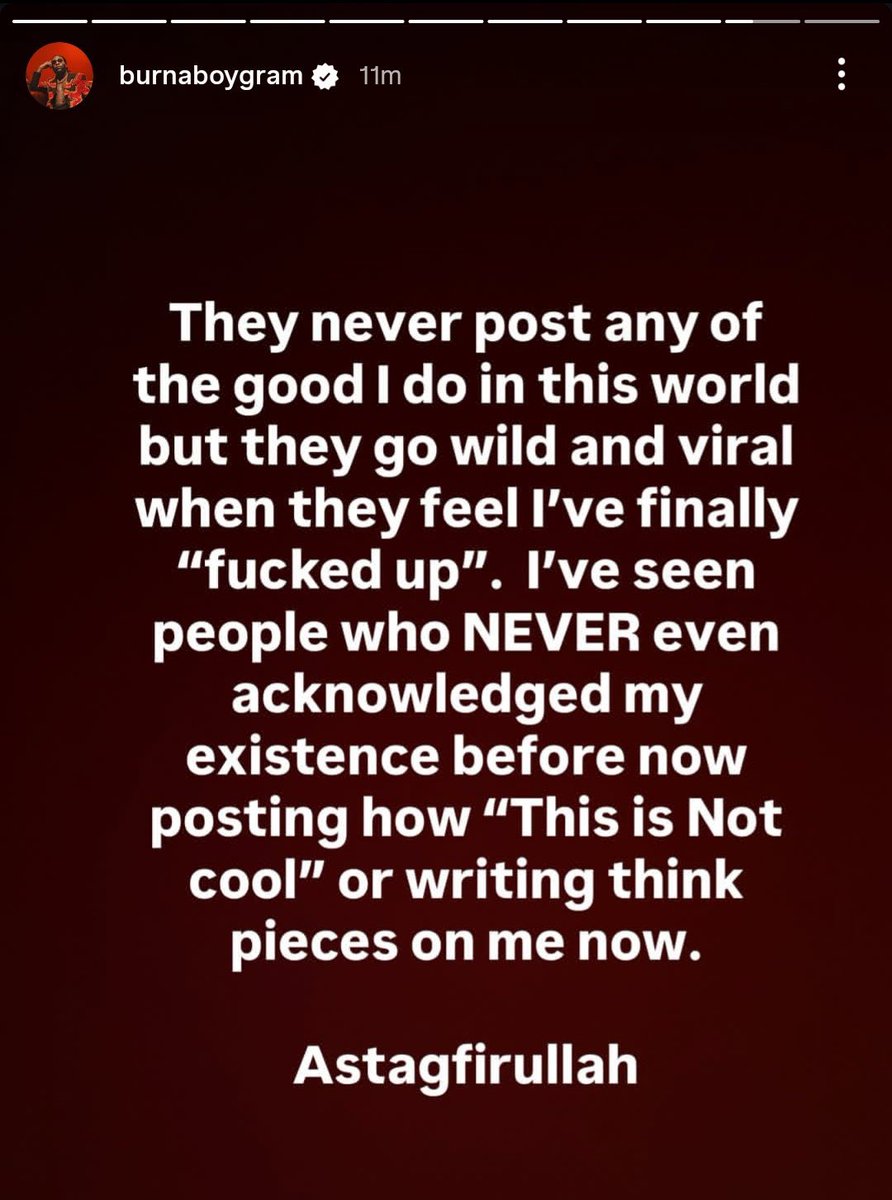 the49thstreet's tweet image. Burna Boy via his IG story 📱