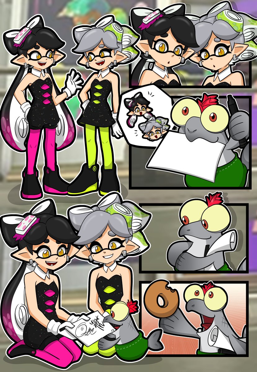 HopefulDream98's tweet image. Call back to that time, when Piddles got me a squid sisters autograph! 🩷💚

Art by: @JyojiriiinComms⭐️
#Splatoon #SplatoonArt