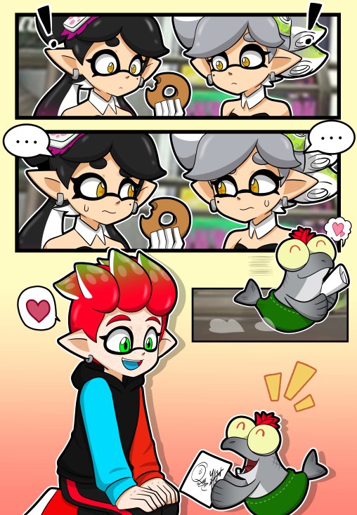 HopefulDream98's tweet image. Call back to that time, when Piddles got me a squid sisters autograph! 🩷💚

Art by: @JyojiriiinComms⭐️
#Splatoon #SplatoonArt