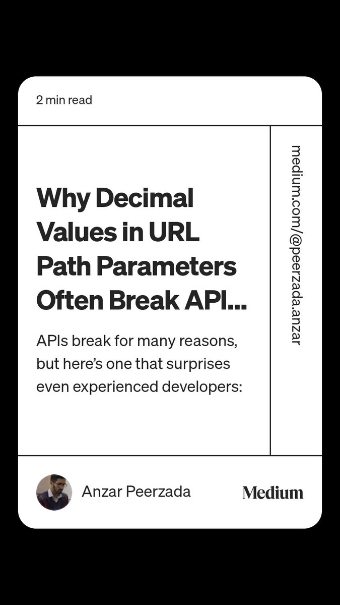 PeerzadaAnzar's tweet image. Your API isn’t broken.
Your URL path is. 😅

If you pass 2.5 in a route like /value/2.5, many frameworks think .5 is a file extension → 404.

Use query params instead.

Full explanation 👇
🔗 medium.com/@peerzada.anza…

#API #SoftwareEngineering #RESTAPI #CleanCode