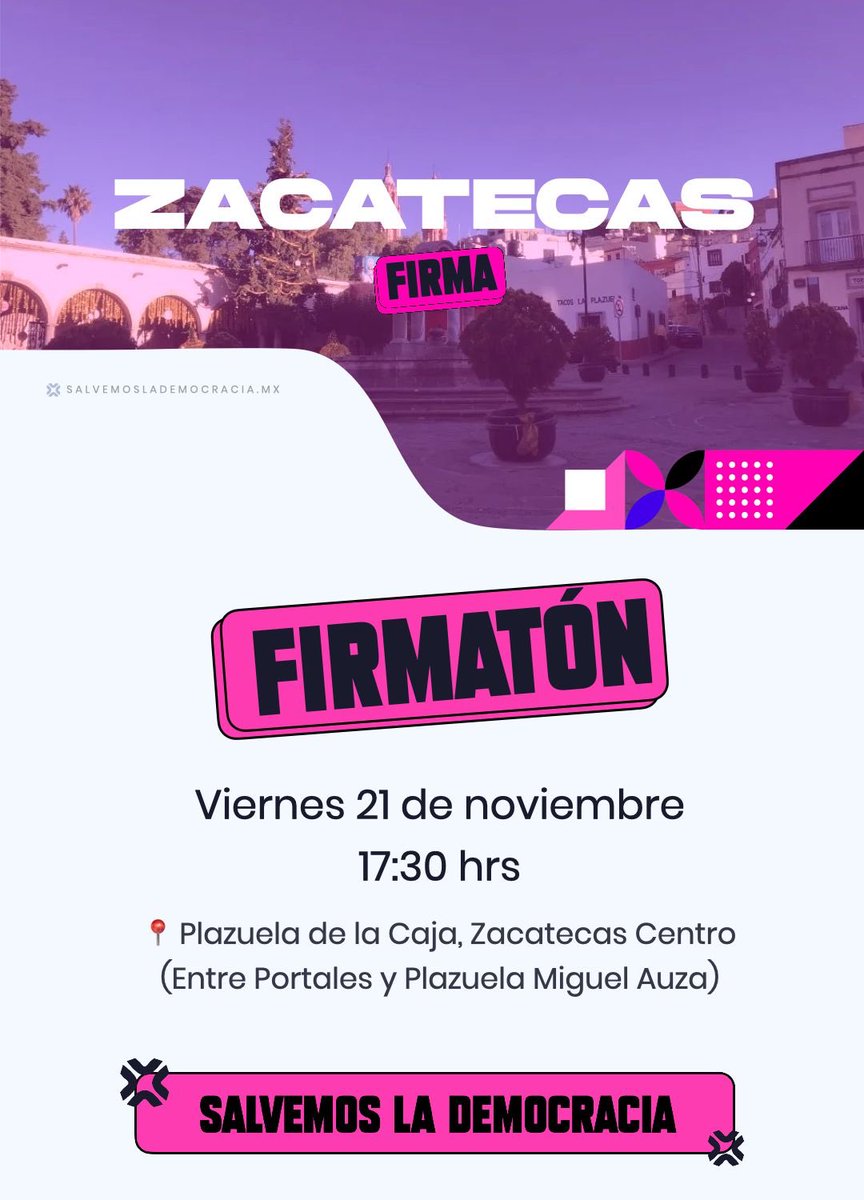 Firmatón de “Salvemos la democracia” en Zacatecas el próximo viernes.

Llevamos 73,000 firmas…tenemos que llegar a 130,000. 

Participa y salva la democracia.