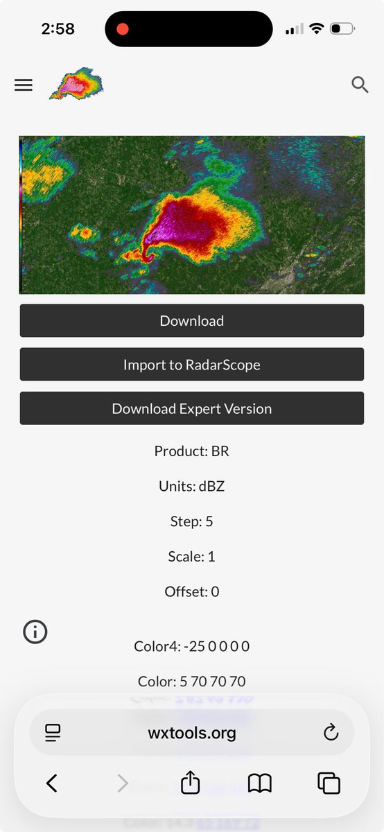 RadarScope's tweet image. We&apos;re partnering with WxTools.org to make it easier to import custom color palettes!

With version 5.5, RadarScope Pro subscribers can import color palettes with the tap of a button on their web site.