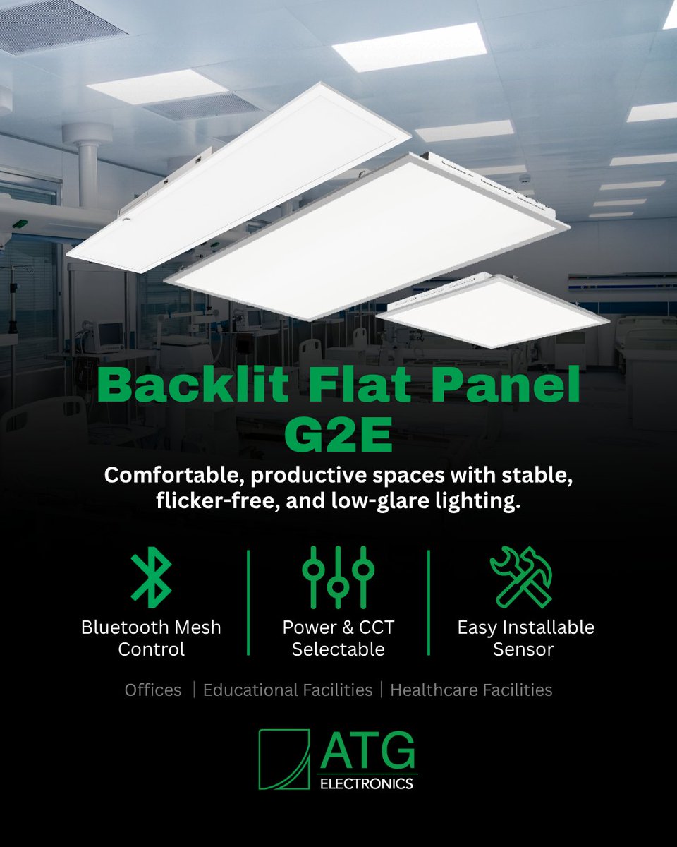 ATG_LEDLighting's tweet image. The G2E Flat Panel makes lighting simpler: adjustable wattage, CCT, and easy Bluetooth control — all in one low-glare design. Available at: atgledlighting.com/products/indoo… #BacklitPanel #LightingSolutions #EnergyEfficient