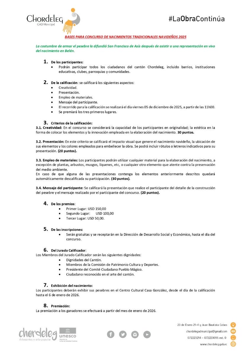 Concurso de Pesebres🎄

Conoce las bases del concurso de pesebres y ¡participa!

Celebremos juntos la Agenda Festiva en Conmemoración al Quinto Aniversario de Chordeleg Pueblo Mágico del Ecuador.

#LaObraContinúa
