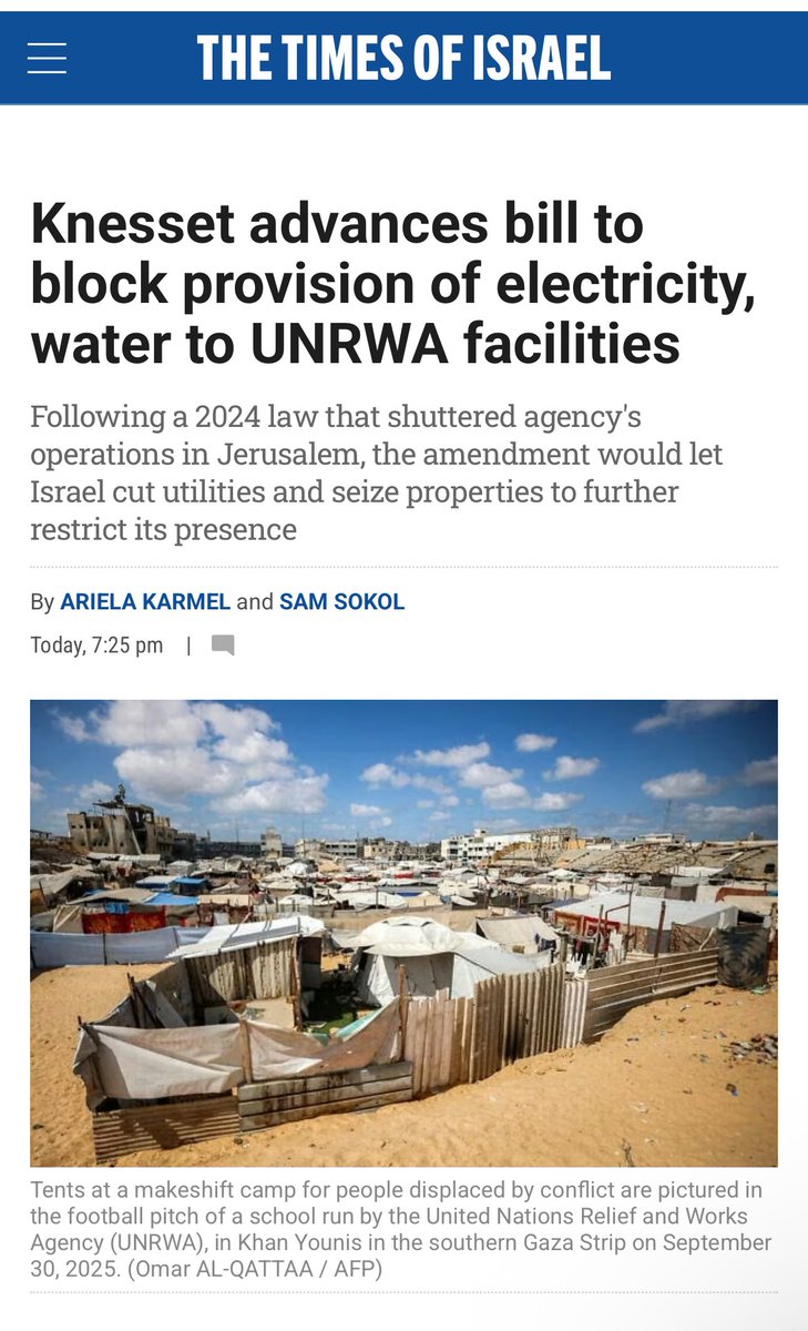 DropSiteNews's tweet image. ⭕️ Israel Moves to Cut UNRWA Off From Basic Utilities

Israel’s parliament has taken a step toward stripping UNRWA of access to water and electricity. Lawmakers passed the bill’s first reading with a narrow 28–8 vote, sending it to a Knesset committee for further action, Wafa…