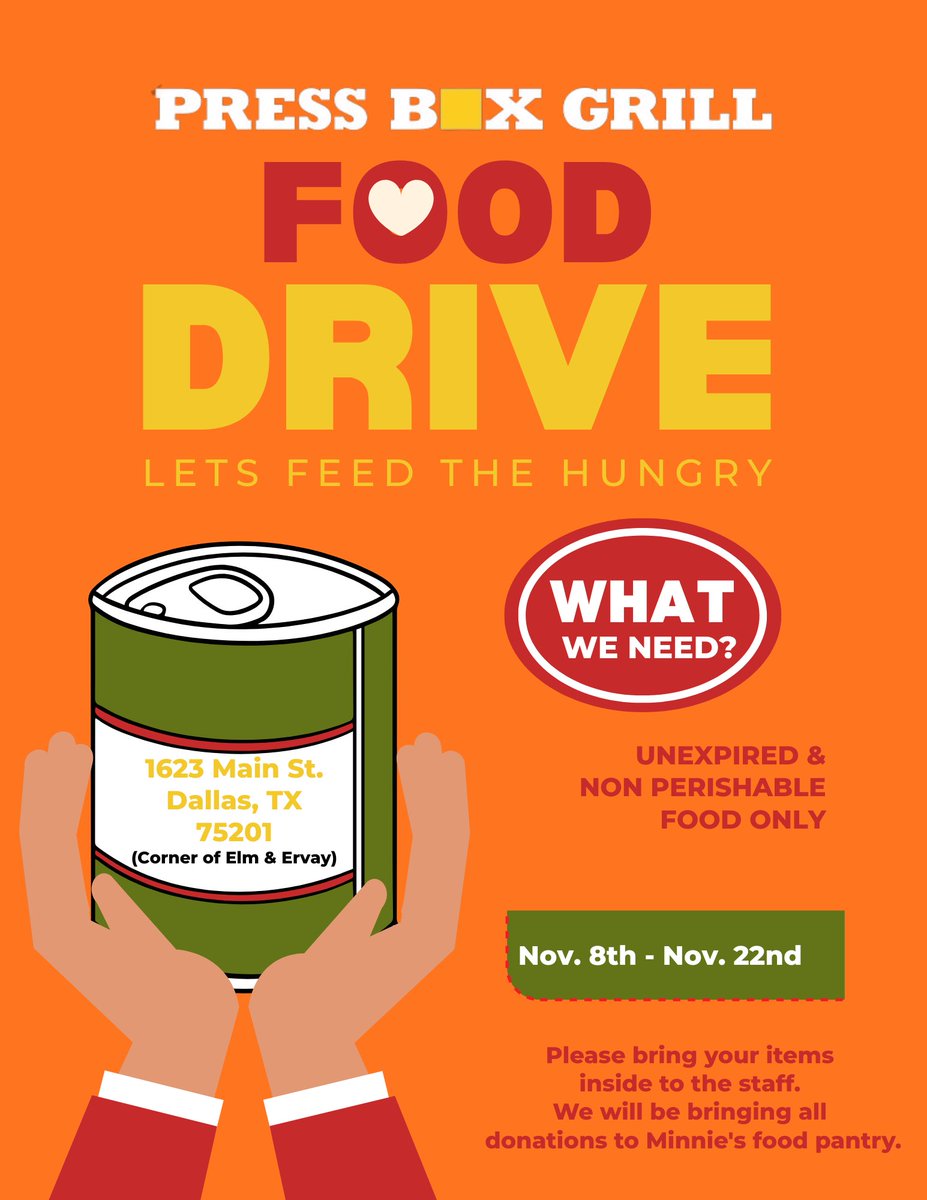 pressboxgrill's tweet image. Just a few days left! PBG is collecting unexpired, non-perishable food items through Saturday. Bring your donations inside to the staff and help us make a big final push for Minnie’s Food Pantry.🥫

#dallascommunity #dallaslife #dallasrestaurants #downtowndallas #dallas #dallastx
