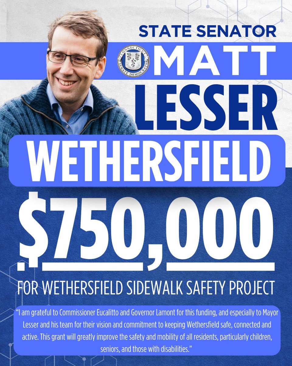 MattLesser's tweet image. I am happy to welcome this funding to Wethersfield, and to have been able to write a letter in support of the grant application, and grateful to Governor Lamont for investing in our communities.