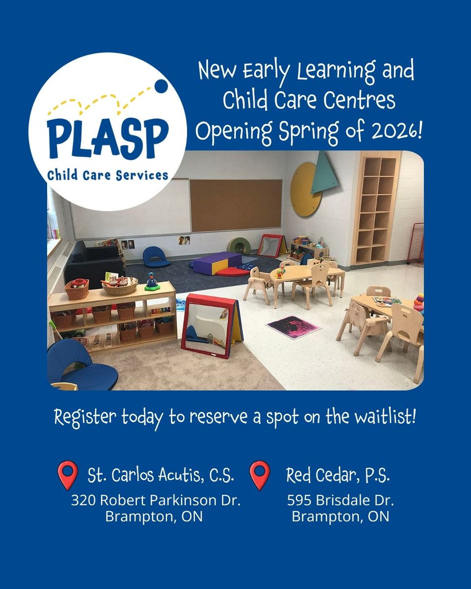 PLASP_CCS's tweet image. #PLASP is opening two new Early Learning and Child Care Centres in Brampton in the Spring of 2026 at St. Carlo Acutis C.S., and Red Cedar P.S.! Register today to reserve a spot on the waitlist! 
plasp.com/two-new-early-…