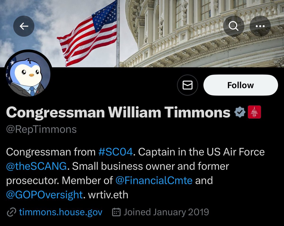 윌리엄 티몬스 하원의원의 X 프로필에서 Pudgy Penguin PFP가 표시된 스크린샷