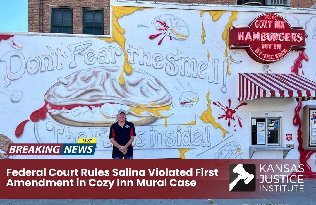 BREAKING NEWS: Kansas Justice Institute wins major free speech case in Salina.

Kansas Justice Institute stood up for Steve Howard, owner of The Cozy Inn, and his First Amendment rights—and we won.

Read the press release and more about the case here:
kansasjusticeinstitute.org/case/salina-mu…