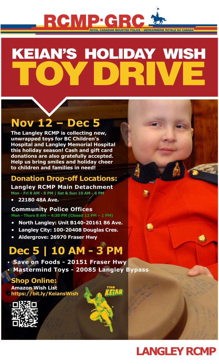 LangleyRCMP's tweet image. Langley RCMP and the Surrey Provincial Operations Support Unit are proud to support Keian’s Holiday Wish Toy Drive, honouring six-year-old honorary RCMP member Keian Blundell. 💛

Donate new, unwrapped toys, books, or games from Nov 12–Dec 5.