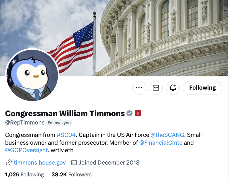 CoinDesk's tweet image. It&apos;s official! 🐧

A member of U.S. Congress now has a Pudgy Penguins profile picture.