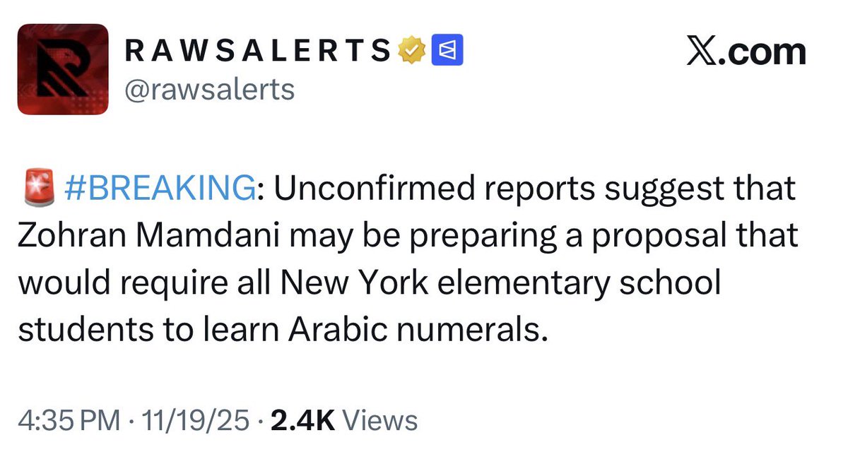 SpencerHakimian's tweet image. 🚨BREAKING: Unconfirmed reports suggest that Zohran Mamdani may force New Yorkers to learn 1, 2, 3, 4, 5, 6, 7, 8, 9, and 10. 

AKA, ARABIC NUMERALS!