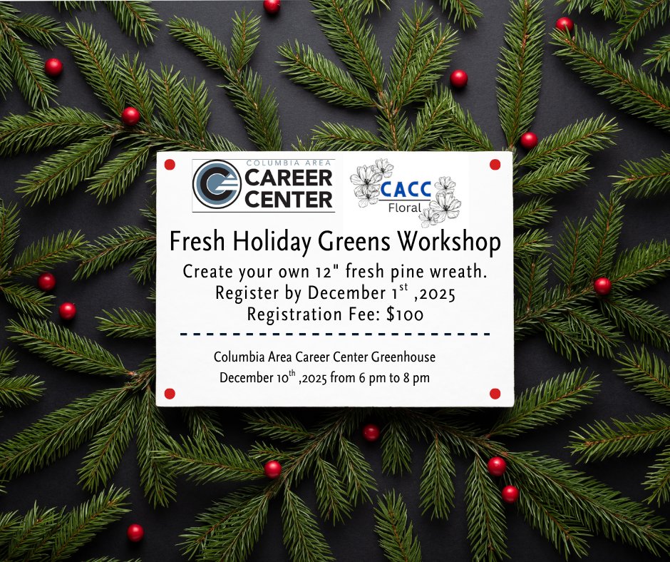 CACC_CPS's tweet image. Create your own fresh 12&quot; pine wreath at our cozy winter workshop! 🎄✨ Join us Dec. 10 from 6–8 PM in the CACC greenhouse. Limited to 10 seats—register by Dec. 1! #caccbest #cpsbest