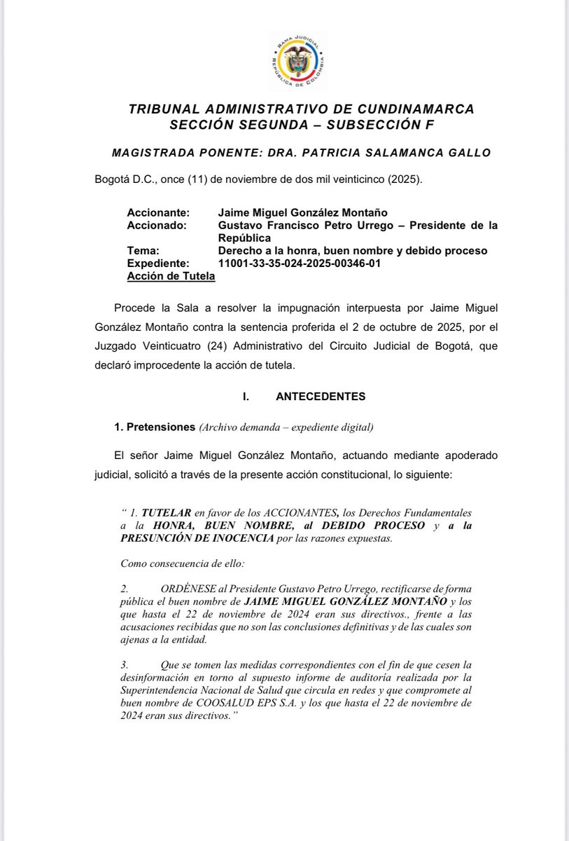 julianquintanat's tweet image. El Tribunal ordena al presidente @petrogustavo ABSTENERSE de seguir atacando al exgerente de @Coosalud, Jaime Miguel González. Mintió al decir que había sacado dinero a paraísos fiscales y concentrado pagos. Todo fue falso. Usaron mentiras para intervenir la EPS y hoy la justicia…