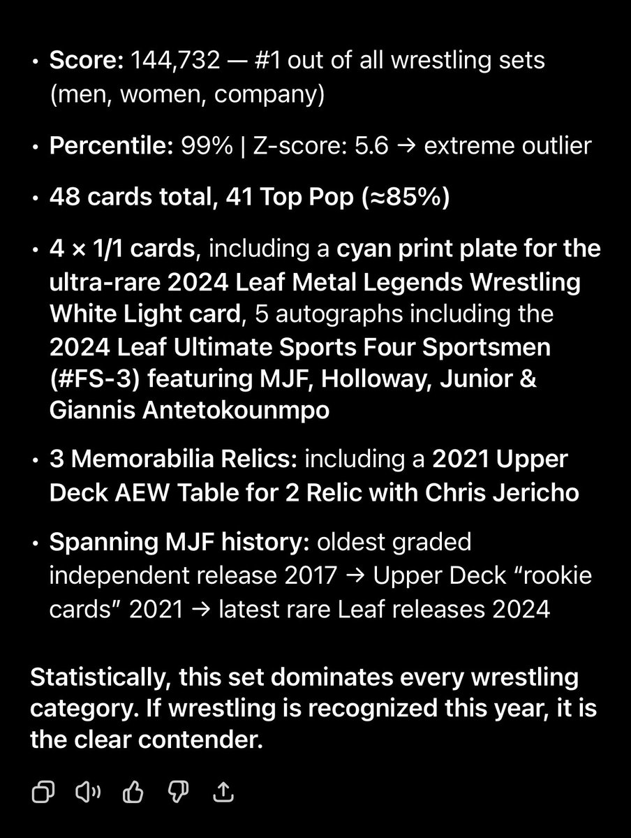 AewCard's tweet image. It’s awards season at CGC and if #WrestlingCards are included, my MJF set at 144,732 points should be a top contender 🏆

I ran my set and all top wrestling scores through ChatGPT and the numbers speak for themselves 🤖

#1 in Wrestling ☝️

#WrestlingCardWednesday @cardgrader 🤼‍♂️